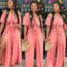 Load image into Gallery viewer, Women Loose 2 Piece Set Off Shoulder Pleat Crop Top and Split Long Pants Wide Leg Jumpsuit Casual Matching 2 Piece Outfits