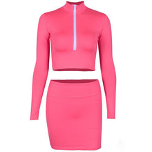 Load image into Gallery viewer, Neon Green Two Piece Skirt Set Women Zipper Collar Long Sleeve Crop Top and High Waisted Mini Skirt Club Wear 2 Piece Outfits