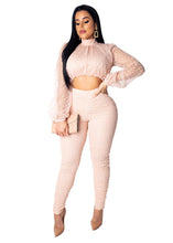 Load image into Gallery viewer, Women Polka Dot White Two Piece Set Sexy Mesh Sheer Lantern Sleeve Crop Top and Zipper Long Pants Suit Clubwear Matching Outfits