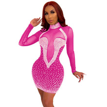Load image into Gallery viewer, Rhinestone Sexy Long Sleeve Party Dress Elegant Bodycon Club Dress Transparent Mesh Patchwork Mini Short Dress