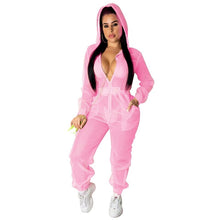 Load image into Gallery viewer, Sexy Sheer Mesh Jumpsuit Women Long Sleeve Zipper Overalls Pant Streetwear Hoodie Loose Casual Rompers Womens Jumpsuit Tracksuit