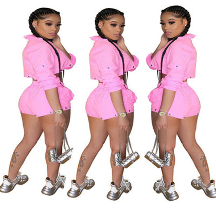 Casual Women Short Two Piece Set Crop Top and Biker Shorts Set Sport Sweat Suit Female Summer Clothes 2 Pcs Tracksuit Women Set