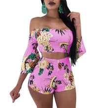 Load image into Gallery viewer, Summer Two Piece Shorts and Top Women Sexy Off the Shoulder Flare Sleeve Crop Tops + Shorts Floral Print Beach Wear Shorts Suit