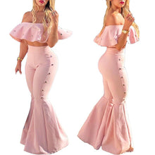 Load image into Gallery viewer, Women Ruffle Sexy Two Piece Set Top and Pants Off Shoulder Crop Top Elegant Pink 2 Piece Matching Set Outfits Flare Pants Set