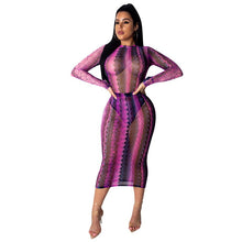 Load image into Gallery viewer, Party Club Dress Summer Sexy Sheer Bandage Bodycon Dress Long Sleeve Neon Green Snake Print Transparent Mesh Dress