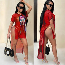 Load image into Gallery viewer, Summer Beach Mesh Dress Women Character Print Side Split Front Long Back Short Hollow out Beachwear Boho Sexy Mini Dress