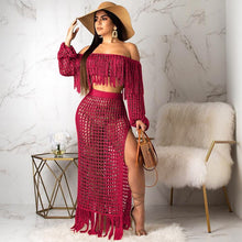 Load image into Gallery viewer, Fringed Tassel Summer Beach Dress Women Sexy Off Shoulder Maxi Dress Long Sleeve Boho Knit Crochet Hollow Out Party Long Dress