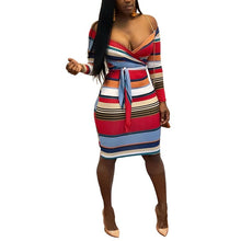 Load image into Gallery viewer, Knot Striped Ribbed Off The Shoulder Dress Women Long Sleeve High Waist Hollow Out Front Party Club Wear Sexy Bodycon Dress