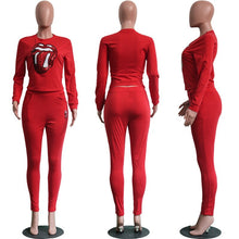 Load image into Gallery viewer, Fashion Sequined Lip Tongue Casual Tracksuit Two Piece Sets Women O-neck Long Sleeve Sweatshirt Top and Long Pants Sport Suits