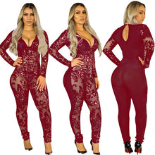 Load image into Gallery viewer, See Through Black Sequin Jumpsuit Women Long Sleeve Sparkly Bodycon Jumpsuits Sexy Rompers Glitter Club Party Jumpsuits Overalls