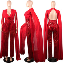 Load image into Gallery viewer, Women Chiffon Split Long Sleeve Sequin Jumpsuit Sexy V Neck Patchwork Loose Wide Leg Romper Evening Sparkly Jumpsuit Overalls