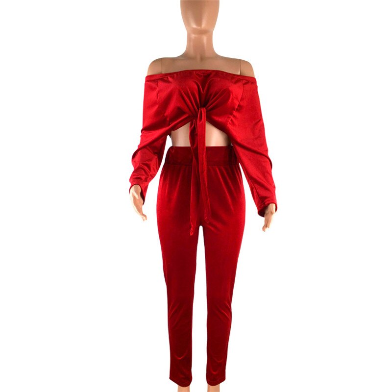 Women Velvet Two Piece Sets Female Winter Tracksuit Off Shoulder Crop Top + Pants Ladies Long Sleeve Outfit Femme Sporting Suits