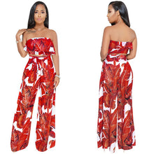 Load image into Gallery viewer, Tropical Print Two Piece Set Women Ruffle Strapless Crop Top and Wide Leg Pant Suits Boho Summer Casual Beach 2 Piece Outfits
