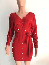 Load image into Gallery viewer, Sexy Off Shoulder Knitting Sweater Dress Women Elegant Pearls Sashes Short Wrap Dress Casual Long Sleeve Autumn Winter Dresses