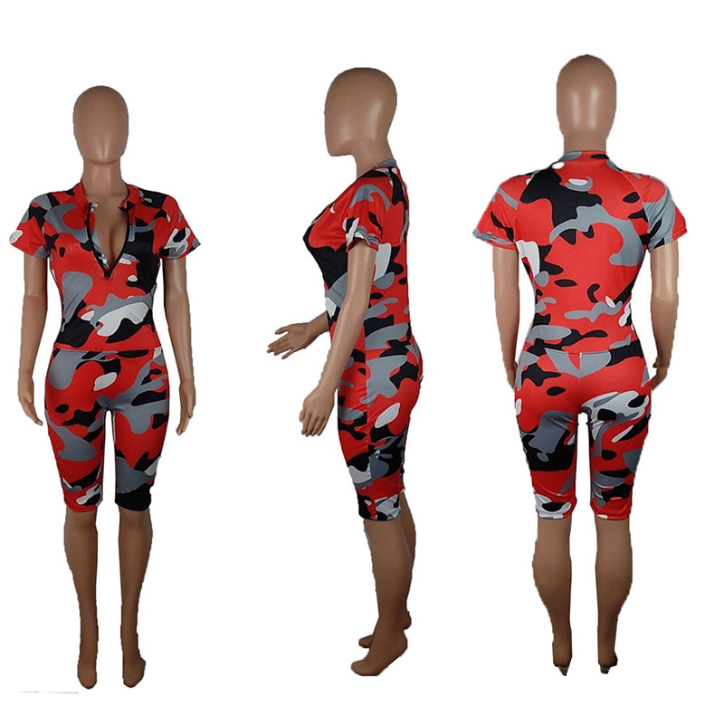 Streetwear Summer Short Rompers Womens Jumpsuit Camouflage Print Bodycon Romper Casual Playsuit Zipper Plus Size Female Overalls