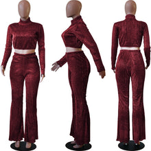 Load image into Gallery viewer, Night Club Party Glitter Two Piece Set Women Mock Neck Crop Top and Flare Pant Sexy 2 Piece Matching Outfits Women Sets Clothes
