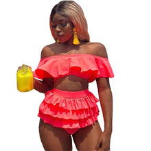 Load image into Gallery viewer, Layered Ruffles 2 Pieces Beach Outfits Summer Women Slash Neck Off the Shoulder Crop Tops and Mini Skirt Set Swim Suit Vacation