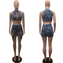 Load image into Gallery viewer, Sexy Lace up Two Piece Sets Women Bodycon Dresses Summer Sleeveless Hollow Out Jeans Crop Top and Skirt Set Party Club Outfit