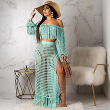 Load image into Gallery viewer, Fringed Tassel Summer Beach Dress Women Sexy Off Shoulder Maxi Dress Long Sleeve Boho Knit Crochet Hollow Out Party Long Dress
