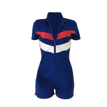 Load image into Gallery viewer, Summer Playsuits Bodycon Jumpsuit Shorts for Women Short Sleeve Turtleneck Zipper Fly Fitness Romper Striped Casual Bodysuits
