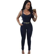 Load image into Gallery viewer, Women Elegant Denim Jumpsuit Pants with Belt Pockets Off Shoulder Sleeveless Sexy Straps Bodycon Jeans Jumpsuit Overall Catsuit
