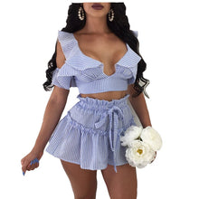 Load image into Gallery viewer, Sexy Cold Shoulder Ruffle Crop Top and Shorts Set Elegant Beach Party Two Piece Sets Striped Short Suit
