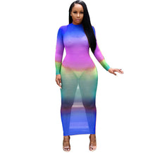 Load image into Gallery viewer, Rainbow Tie Dye Sheer Mesh Bodycon Maxi Dress Women Fall Long Sleeve See Through Bandage Dress Sexy Night Club Party Long Dress
