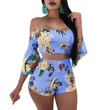 Load image into Gallery viewer, Summer Two Piece Shorts and Top Women Sexy Off the Shoulder Flare Sleeve Crop Tops + Shorts Floral Print Beach Wear Shorts Suit