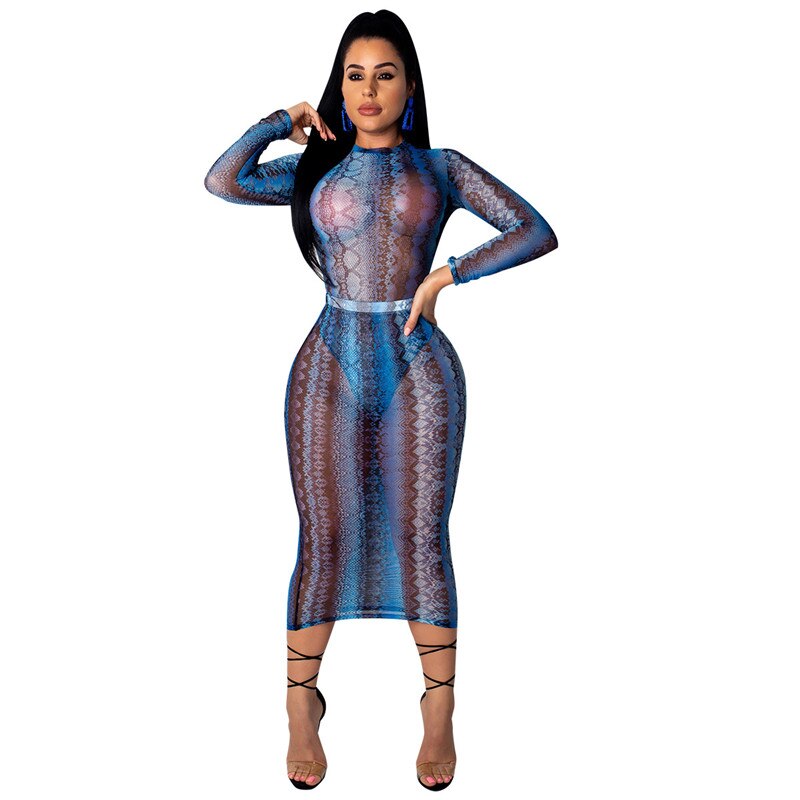 Party Club Dress Summer Sexy Sheer Bandage Bodycon Dress Long Sleeve Neon Green Snake Print Transparent Mesh Dress