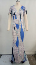 Load image into Gallery viewer, Women Fashion Print Summer Maxi Dresses Sexy V-Neck Ruched Short Sleeve Floor-Length Bodycon Mermaid Gown Formal Party Dresses