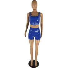 Load image into Gallery viewer, Sexy PU Leather Club Wear 2 Piece Sets for Women Summer Sleeveless Solid Tank Crop Top and Shorts Set Workout Two Pieces Outfits