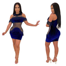 Load image into Gallery viewer, Sexy Mesh See Through Velvet Bodycon Dress Women O-neck Off Shoulder Tassel Elegant Night Club Mini Party Dresses Vestidos