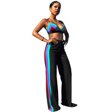 Load image into Gallery viewer, Women Beach Summer Two Piece Set Sexy V- Neck Spaghetti Strap Striped Crop Top and Wide Leg Pants Suit Club Wear 2 Piece Outfits
