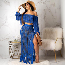 Load image into Gallery viewer, Fringed Tassel Summer Beach Dress Women Sexy Off Shoulder Maxi Dress Long Sleeve Boho Knit Crochet Hollow Out Party Long Dress