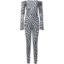 Load image into Gallery viewer, Bandage Bodycon Sexy Jumpsuit Women Off Shoulder Sheer Mesh Animal Print Jumpsuit Long Sleeve Sexy Party Club Romper Overalls
