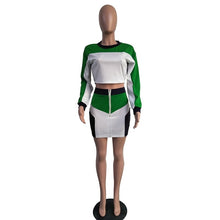 Load image into Gallery viewer, Casual 2 Piece Set Tracksuit Patchwork Crop Top and Zipper Bodycon Mini Skirt Set Party Club Sexy Two Piece Outfits