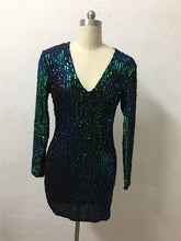 Load image into Gallery viewer, Long Sleeve Gold Sequin Dress Sexy V-Neck Sheath Beaded Sparkly Party Dresses Nightclub Christmas Vestidos