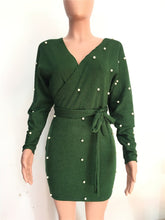 Load image into Gallery viewer, Sexy Off Shoulder Knitting Sweater Dress Women Elegant Pearls Sashes Short Wrap Dress Casual Long Sleeve Autumn Winter Dresses