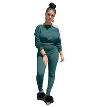 Load image into Gallery viewer, Casual Two Piece Set Tracksuit Women Matching Sets Off Shoulder Crop Top and Pants Set Leisure Sweat Suits Women 2 Piece Outfits