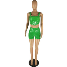 Load image into Gallery viewer, Sexy PU Leather Club Wear 2 Piece Sets for Women Summer Sleeveless Solid Tank Crop Top and Shorts Set Workout Two Pieces Outfits
