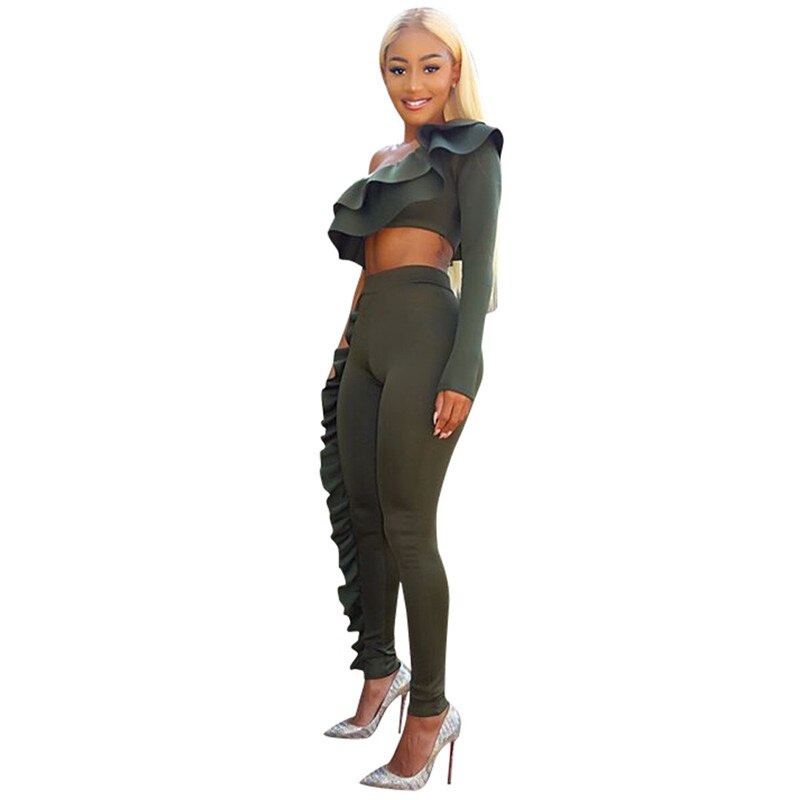 Two Piece Sets One Shoulder Flounce Crop Sweatshirt & Sweatpants for Women Ruffles Long Sleeve Tracksuit Pantsuit