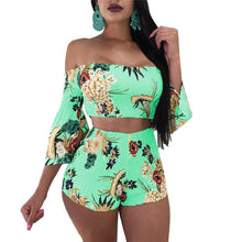 Load image into Gallery viewer, Summer Two Piece Shorts and Top Women Sexy Off the Shoulder Flare Sleeve Crop Tops + Shorts Floral Print Beach Wear Shorts Suit