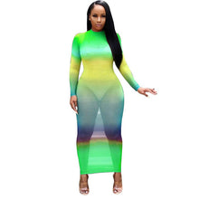 Load image into Gallery viewer, Rainbow Tie Dye Sheer Mesh Bodycon Maxi Dress Women Fall Long Sleeve See Through Bandage Dress Sexy Night Club Party Long Dress