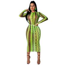 Load image into Gallery viewer, Party Club Dress Summer Sexy Sheer Bandage Bodycon Dress Long Sleeve Neon Green Snake Print Transparent Mesh Dress