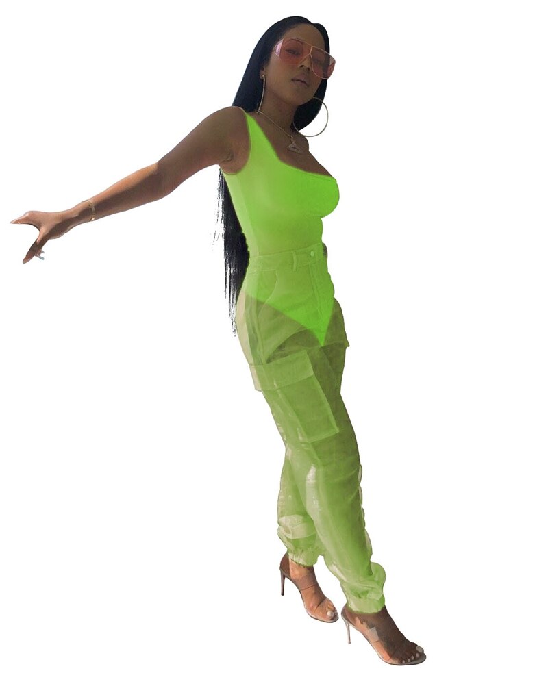 Neon Two Piece Set Top and Pants Tracksuit Women Festival Clothing Bodysuit Cargo Pants Mesh Summer 2 Piece Sexy Club Outfits