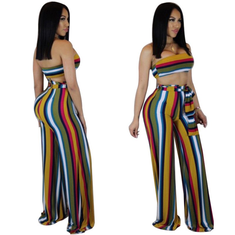 Sexy Two Piece Summer Outfits Women's 2 Piece Set Fashion Striped Strapless Crop Top and Wide Leg Pants Set Party Ladies Suit