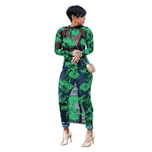 Load image into Gallery viewer, Floral Printed Sexy Sheer Mesh Bodycon Dress Women Autumn Crew Neck Long Sleeve See Through Dress Fashion Sexy Party Dresses