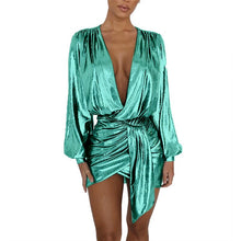 Load image into Gallery viewer, Sexy Silver Long Sleeve Mini Dress New Women Deep V Neck Ruched Night Out Clubwear Metallic Wrap Dress Asymmetrical Club Dresses