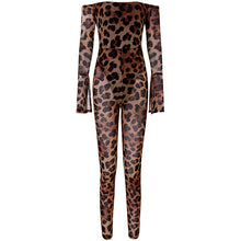 Load image into Gallery viewer, Bandage Bodycon Sexy Jumpsuit Women Off Shoulder Sheer Mesh Animal Print Jumpsuit Long Sleeve Sexy Party Club Romper Overalls