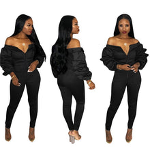 Load image into Gallery viewer, Sexy Off Shoulder Jumpsuit Fall Winter Fashion Front Zipper Slash Neck Layered Ruched Long Sleeve Bodycon Romper Overalls